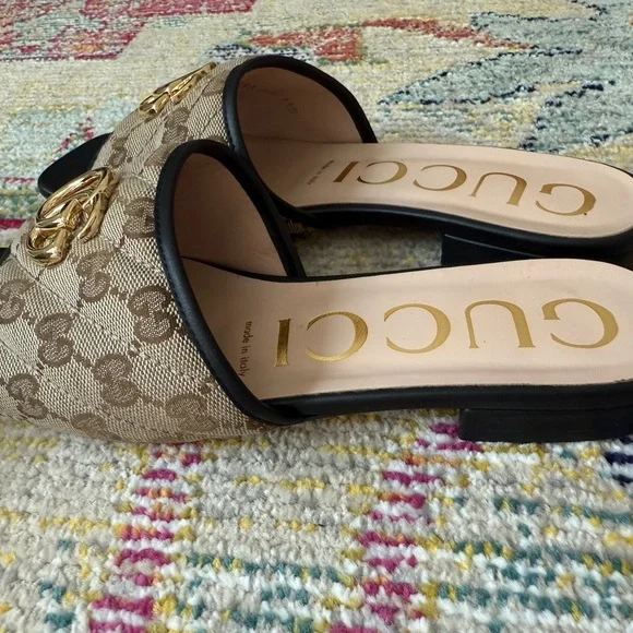 Gucci Women's Tan GG Logo Mules with Gold Accent - Picture 11 of 13